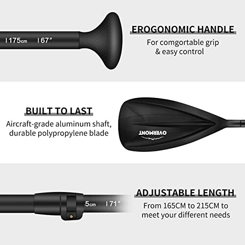 Kayak paddle with ergonomic handle, durable blade, and adjustable length.