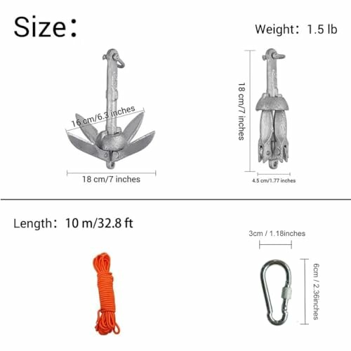 Folding anchor with dimensions, weight 1.5 lb, orange rope and carabiner.