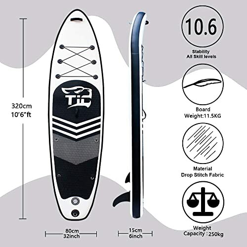 Inflatable paddle board with dimensions and features.