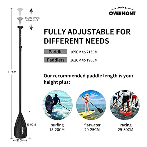Overmont paddle adjustment guide with recommended lengths for surfing, flatwater, and racing.