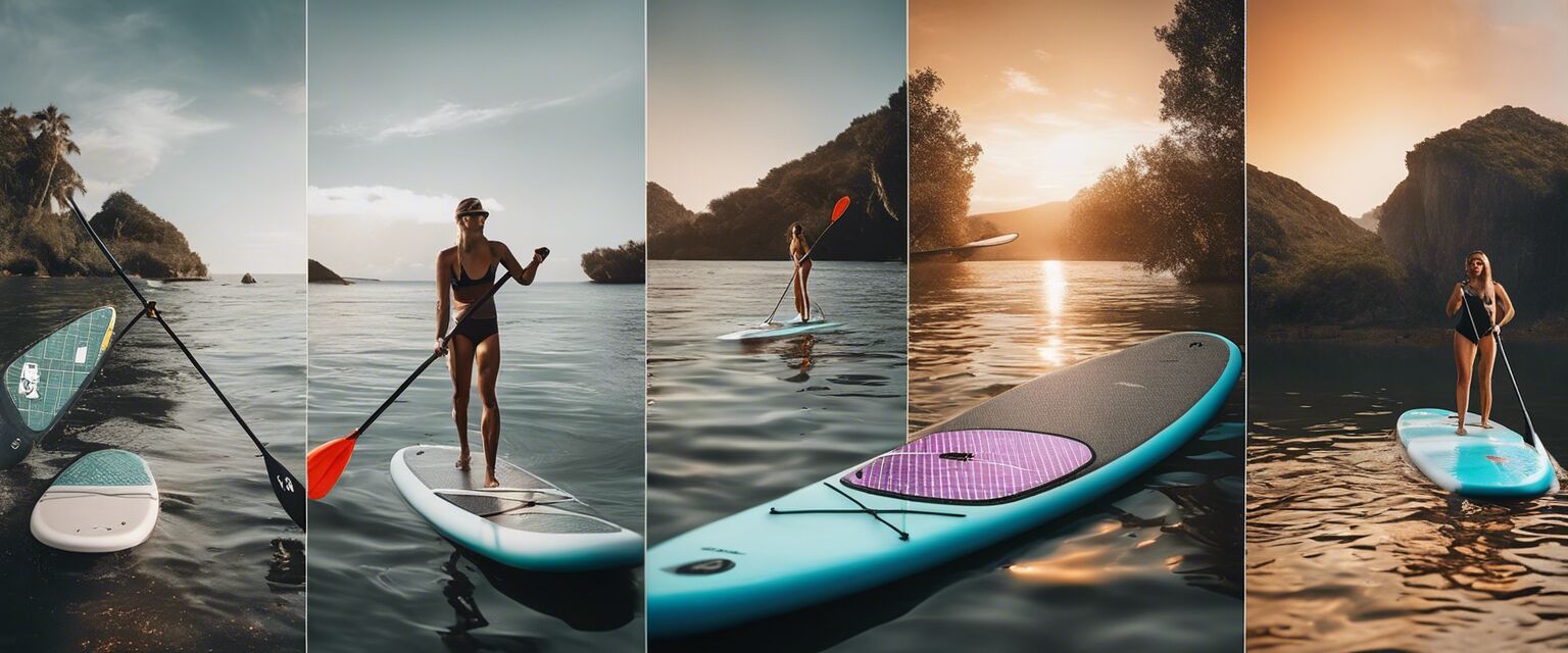 Collage of paddle boarding accessories