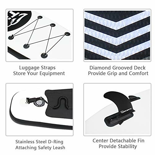 Paddleboard features including luggage straps, diamond grooved deck, stainless steel D-ring, and center detachable fin.