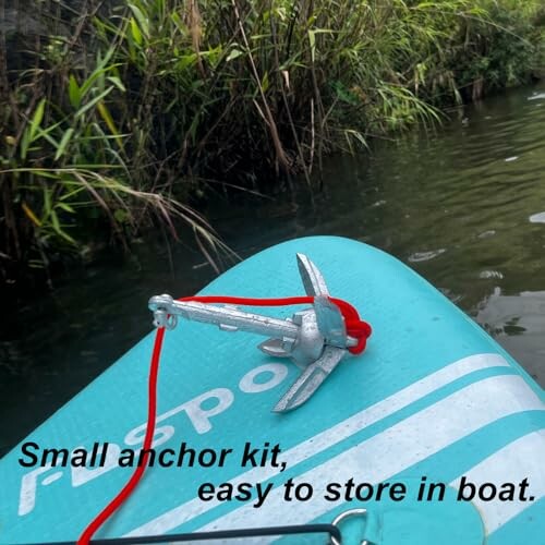 Small anchor kit on a paddleboard in water.